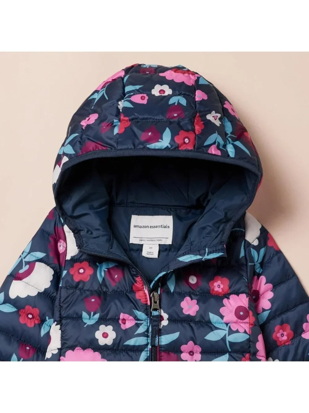 Kids Girls Navy Floral Nylon Lightweight Packable Hooded Stylish Puffer Jacket
